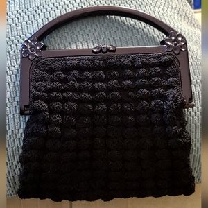 Vintage Black Cordé Crocheted Evening/Clutch Bag Celluloid Floral Handles, Latch